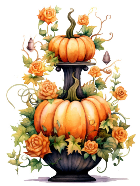 Decorative arrangement with pumpkins, roses, and leaves on a pedestal against a white background