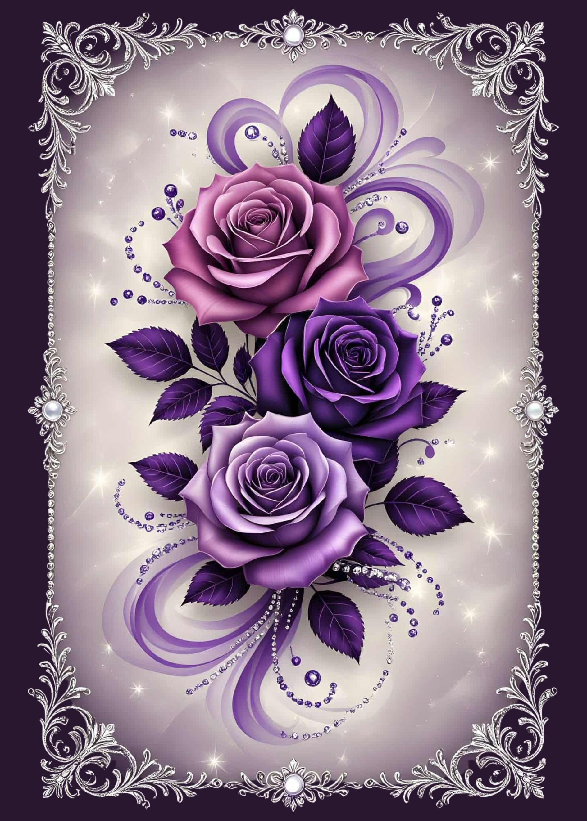 Purple roses diamond painting kit 50x70cm full drill. Three purple and mauve roses with silver filigree frame, available in round or square diamonds.