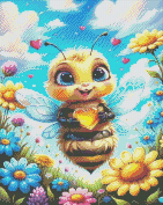 Illustration of a bee surrounded by flowers with a blue sky background