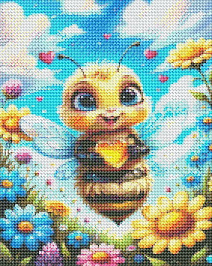 Illustration of a bee surrounded by flowers with a blue sky background