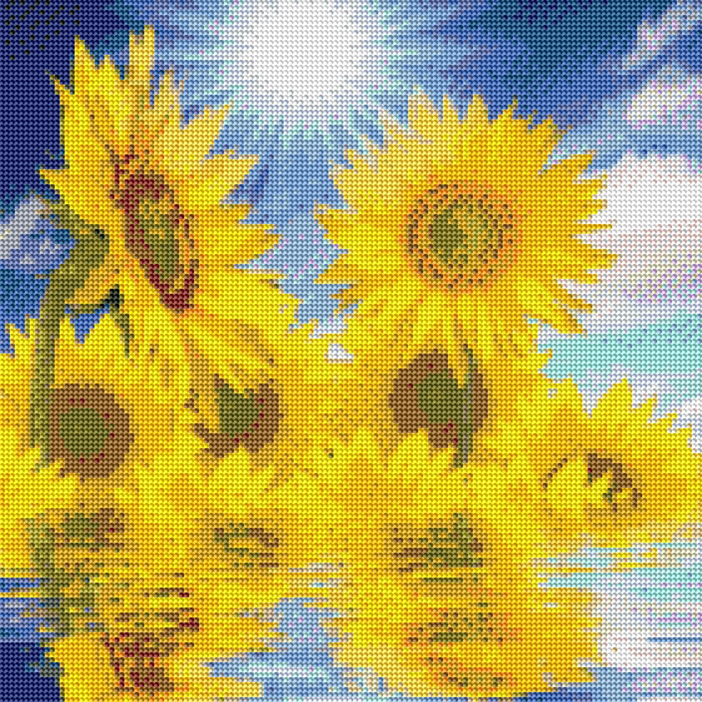 Illustration of Sunflowers reflected in the blue crystal waters