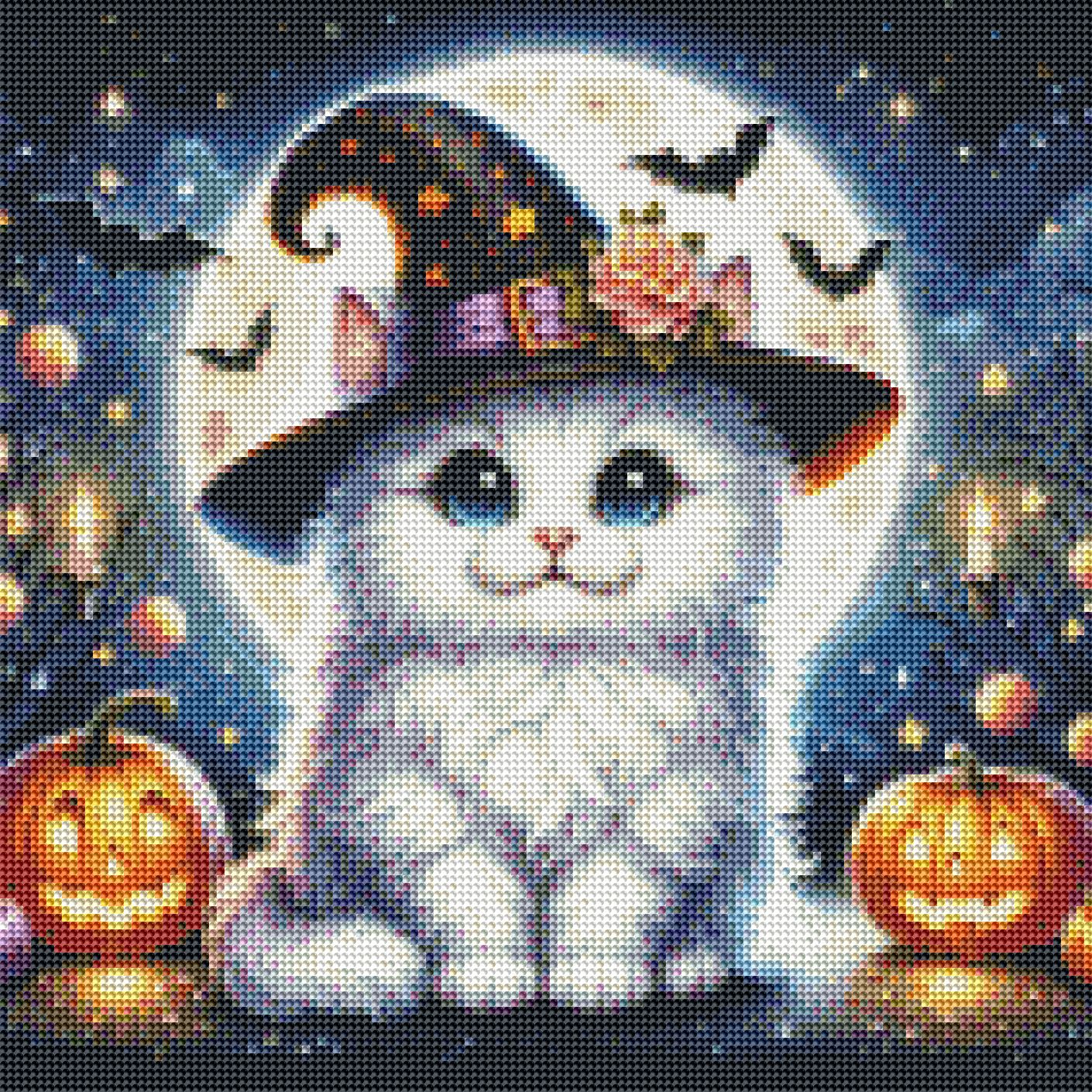 Cat in a Halloween witch hat with pumpkins and bats on a dark background