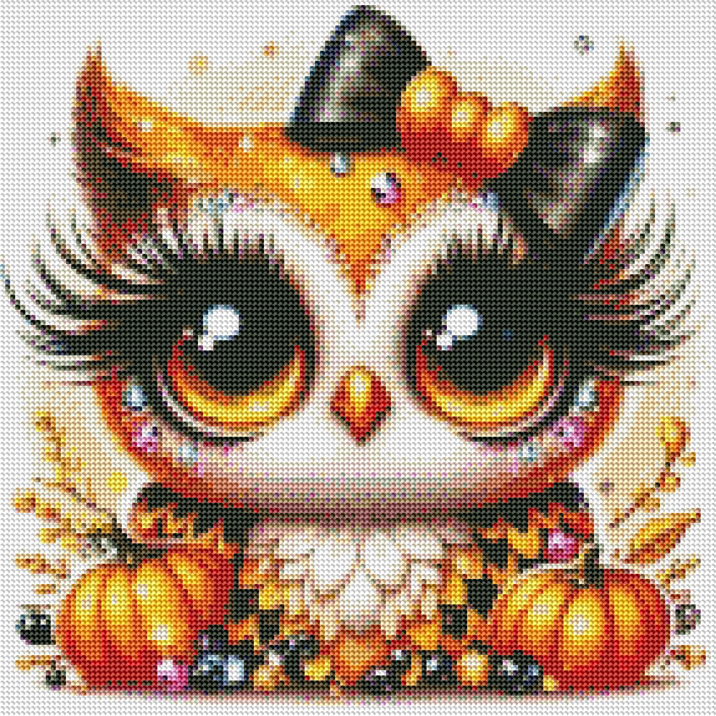 Decorative owl with pumpkin and rhinestones on a white background