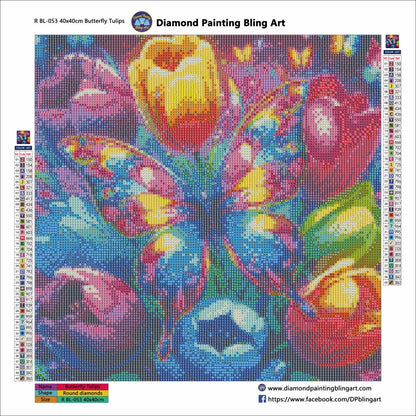 Diamond painting bling art kit with a colorful butterfly design on a grid background.