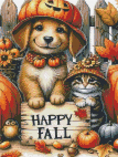Diamond Painting design of a dog and cat with pumpkins and 'Happy Fall' text