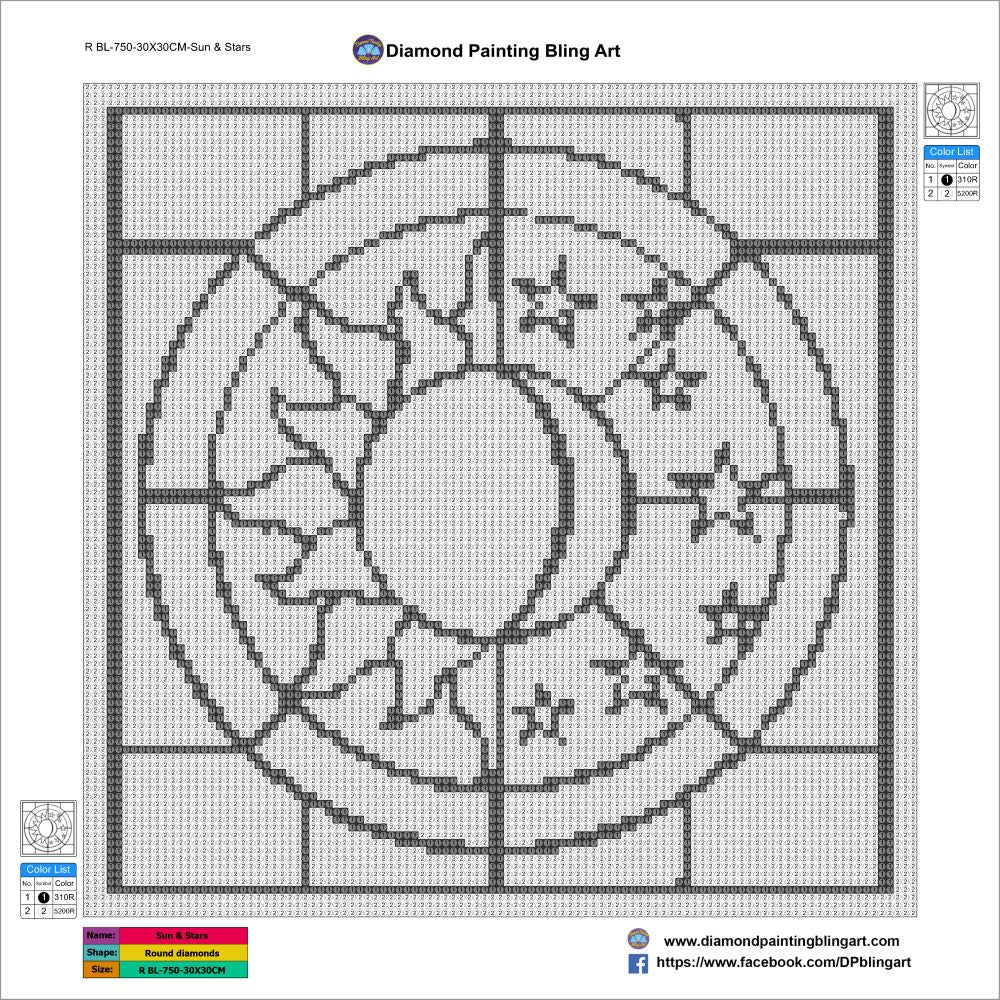 Diamond painting pattern with sun and star design on a grid background