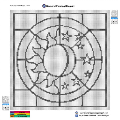 Diamond painting pattern with sun and star design on a grid background