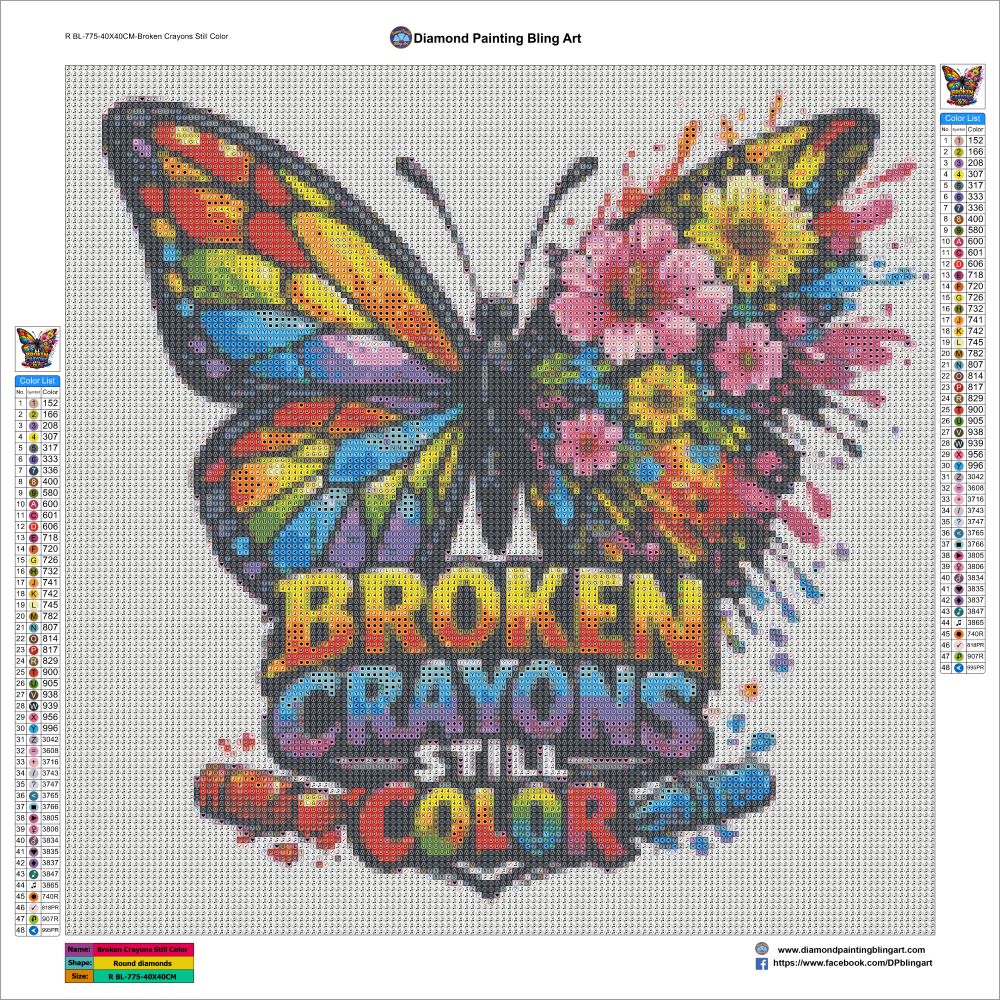 Colorful butterfly design with flowers and text 'Broken Crayons Still Color' on a grid background.