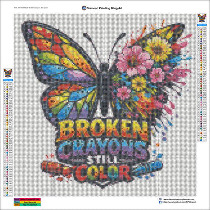 Colorful butterfly design with flowers and text 'Broken Crayons Still Color' on a grid background.