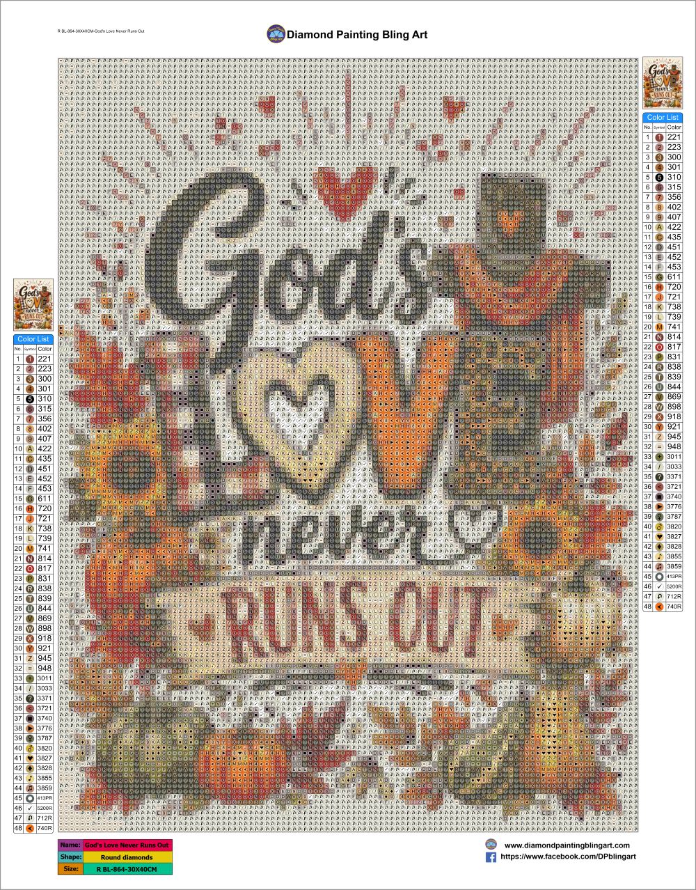 A diamond painting design sheet featuring the phrase 'God's Love never Runs Out' in stylized lettering, surrounded by autumn-themed elements including sunflowers, pumpkins, leaves, and a small angel figure. The sheet includes color charts and brand information for Diamond Painting Bling Art.