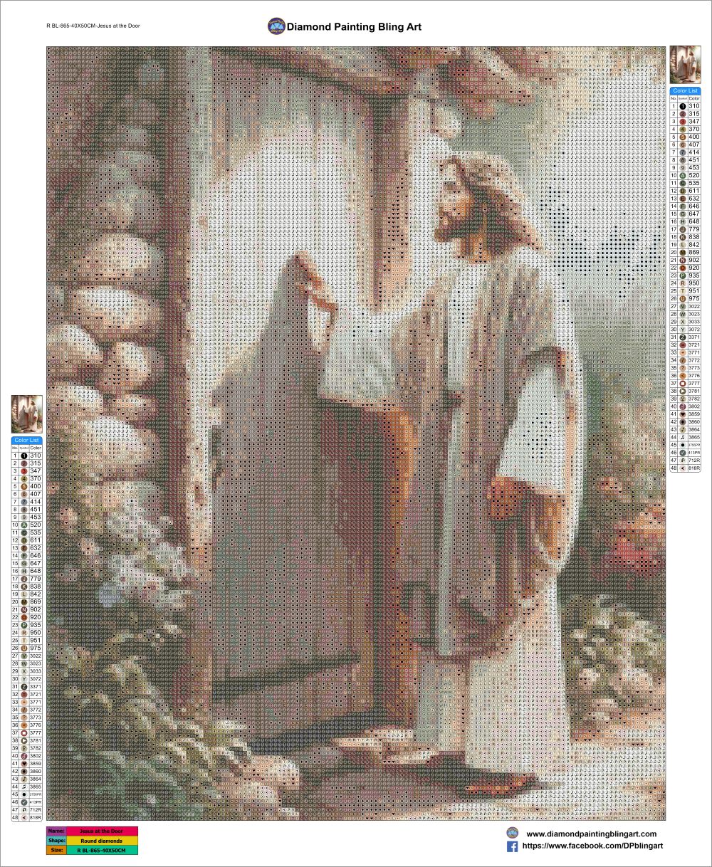 A diamond painting canvas featuring a religious scene of Jesus opening a stone door, with color charts and brand details on the sides. The product is shown flat against a white background.