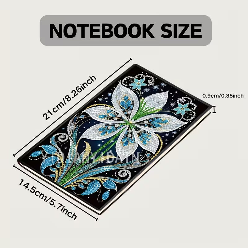 Floral design notebook with dimensions labeled on a white background