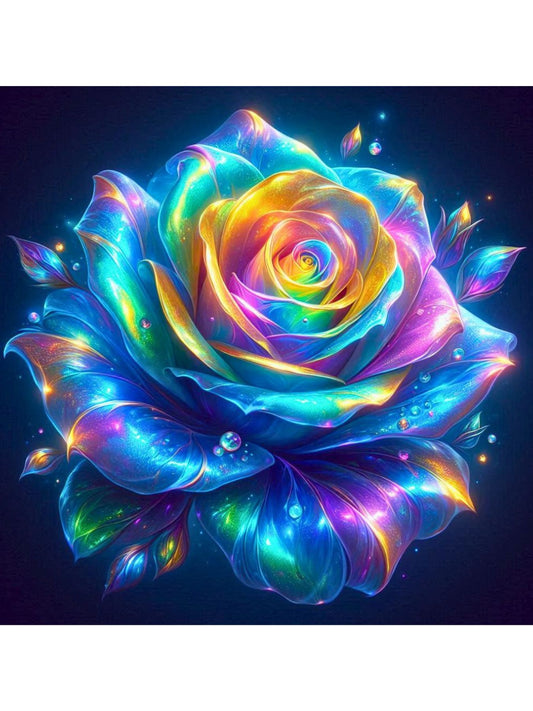 Radiant Rainbow Rose Diamond Painting Kit. A single rose with petals glowing in iridescent rainbow colors against a dark background
