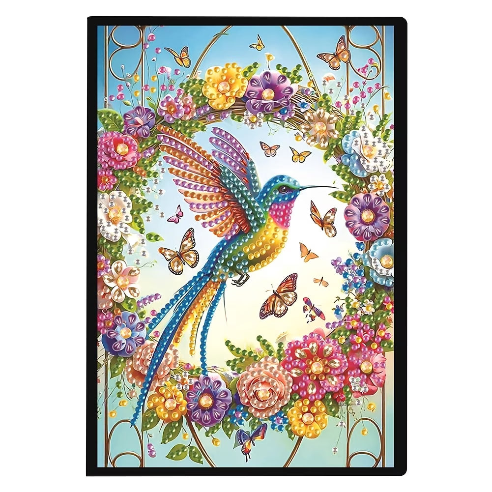 Colorful illustration of a hummingbird surrounded by flowers and butterflies on a white background