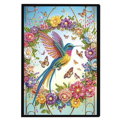 Colorful illustration of a hummingbird surrounded by flowers and butterflies on a white background