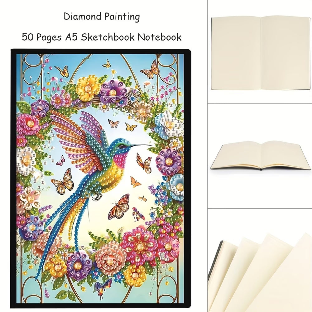 Colorful diamond painting notebook with a hummingbird design on a white background