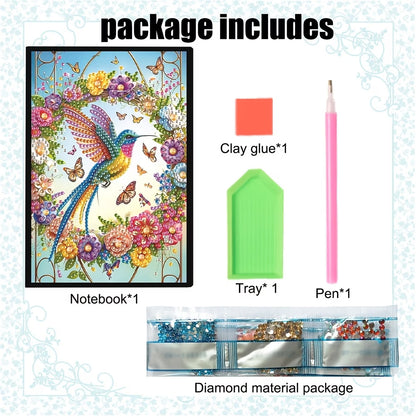Product package with a notebook, clay glue, tray, pen, and diamond material package on a decorative background.