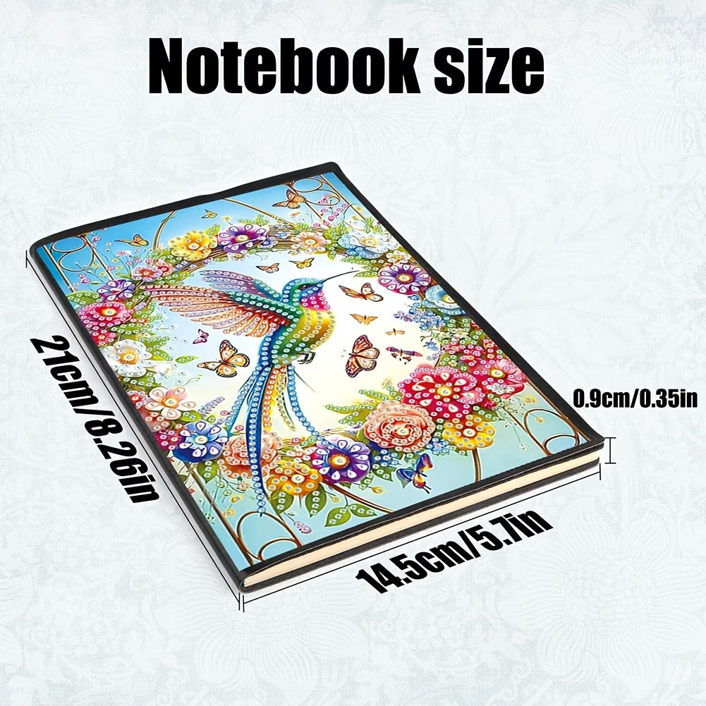 Colorful notebook with floral and bird design, shown with dimensions on a white background.