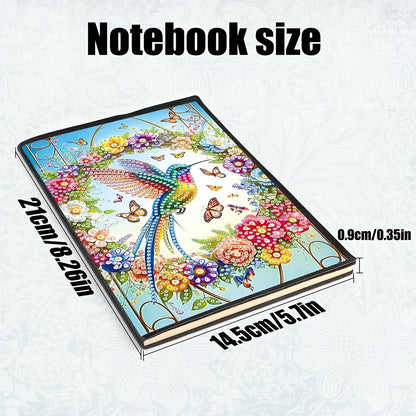 Colorful notebook with floral and bird design, shown with dimensions on a white background.