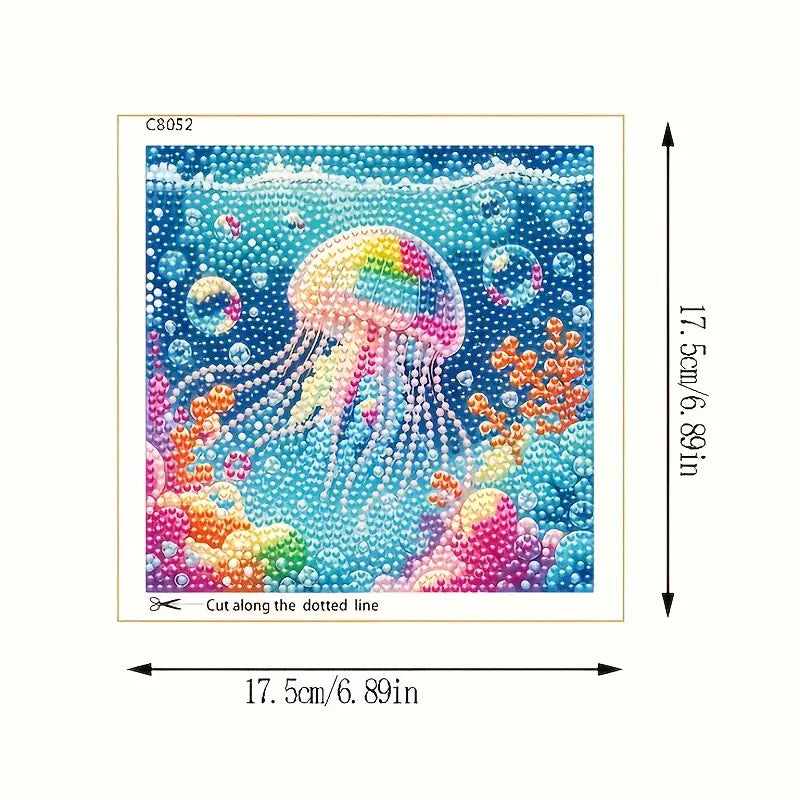 Colorful jellyfish design with measurements on a white background