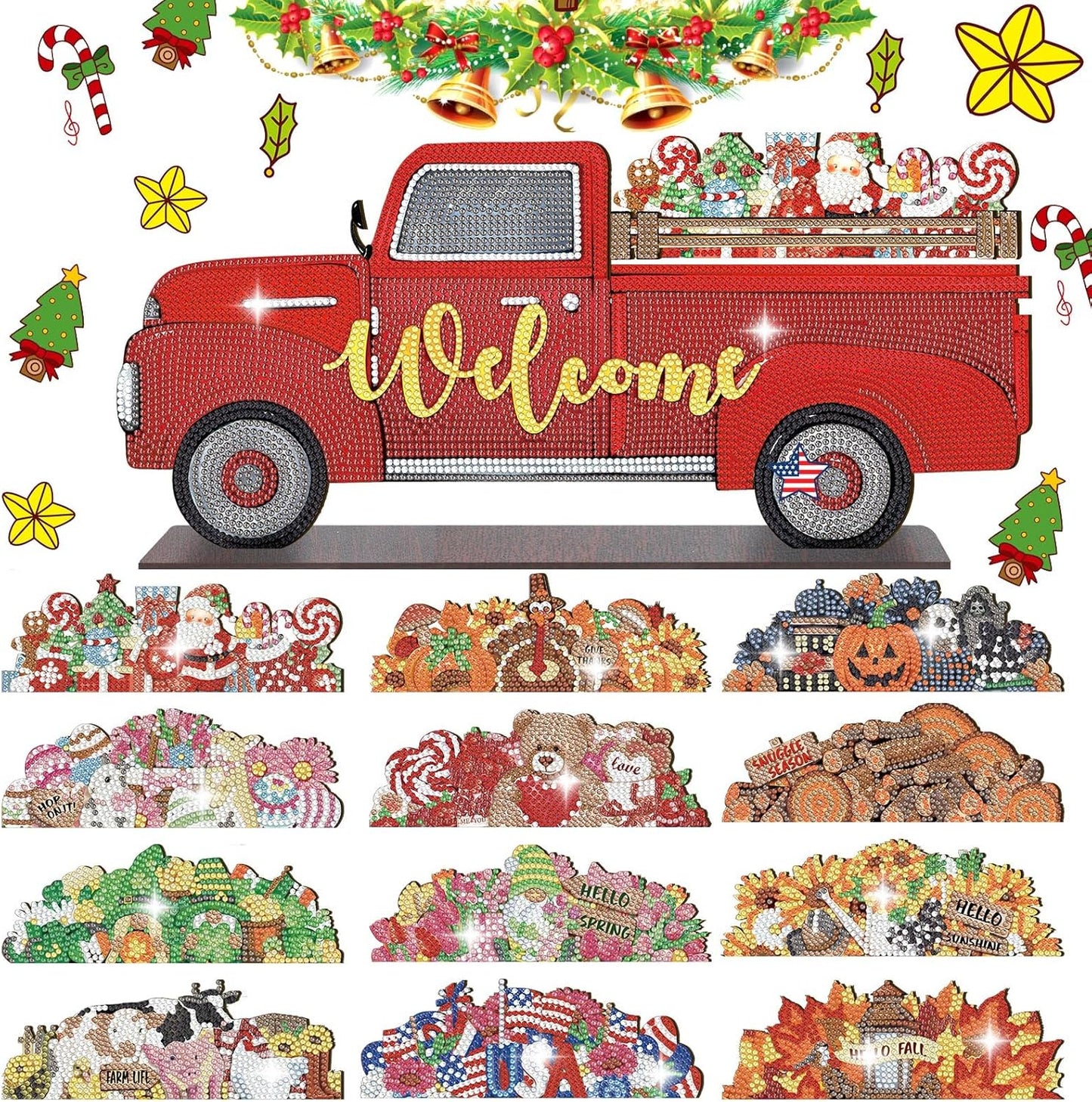 Decorative red truck with 'Welcome' text surrounded by Christmas-themed items on a white background.