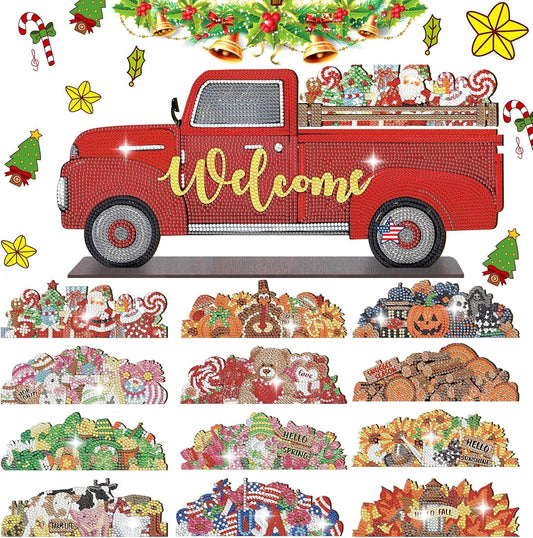 Decorative red truck with 'Welcome' text surrounded by Christmas-themed items on a white background.
