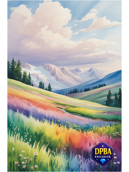 Colorful wildflower field with pastel mountain view in diamond painting art – DPBA exclusive