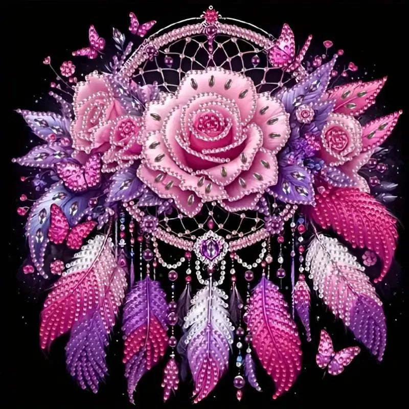 Decorative design with pink rose, feathers, and butterflies on a black background