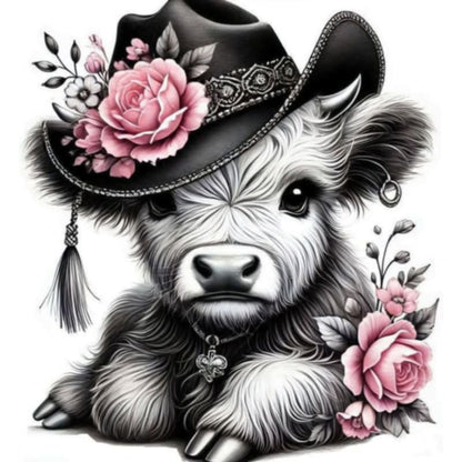 Cute black and white highland cow wearing a cowboy hat with pink roses