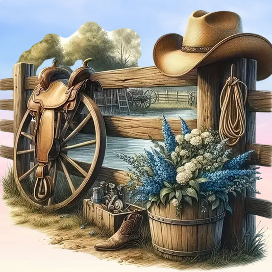 Rustic western scene with cowboy hat, saddle, wagon wheel, and flowers. Diamond painting kit.