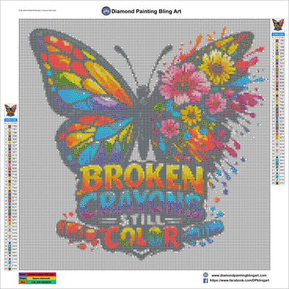Butterfly design with colorful text 'Broken Crayons Still Make Color' on a grid background.