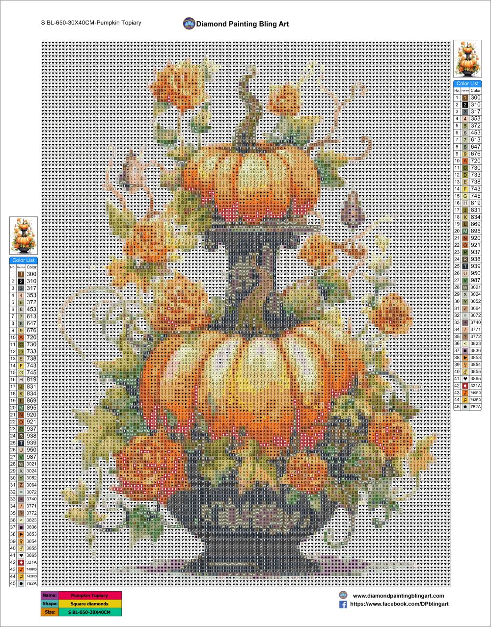 Diamond painting pattern with pumpkins and flowers on a grid background