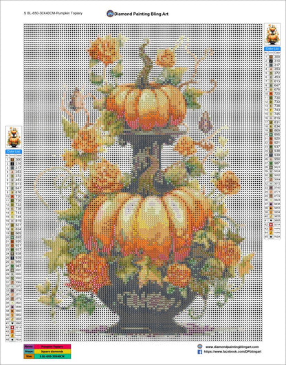 Diamond painting pattern with pumpkins and flowers on a grid background