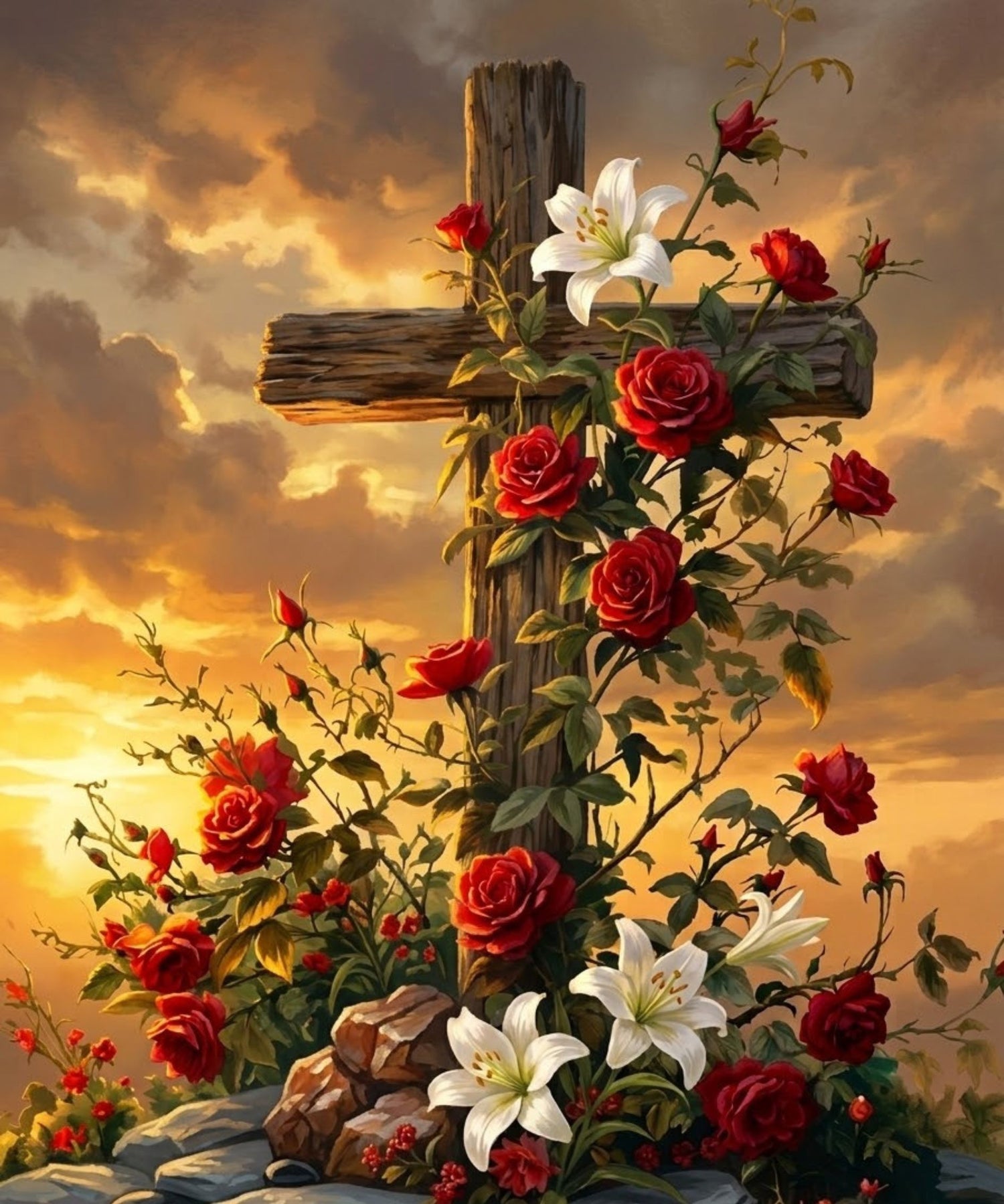 Wooden cross with red roses and white lilies against a sunset sky