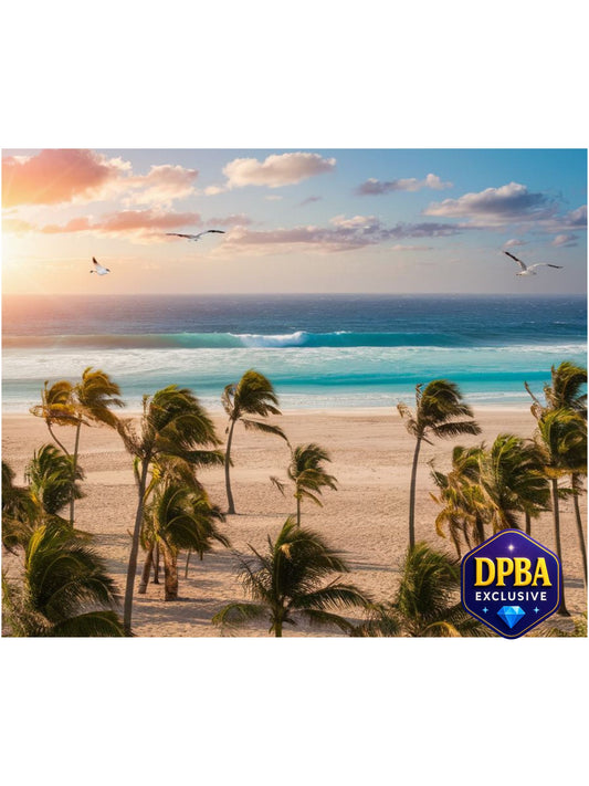 Tropical beach scene with swaying palm trees and ocean waves, DPBA Exclusive diamond painting design