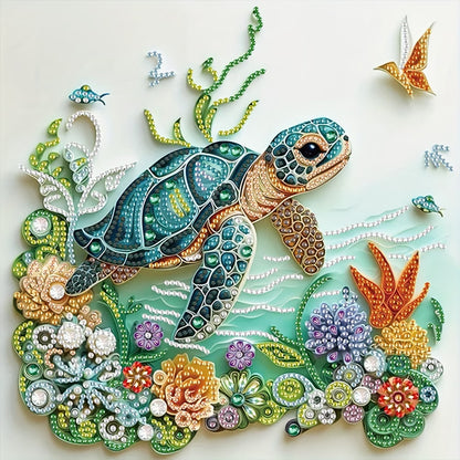 A partial diamond art design of a sea turtle swimming over a colorful coral reef, embellished with round and unique special shape rhinestones.