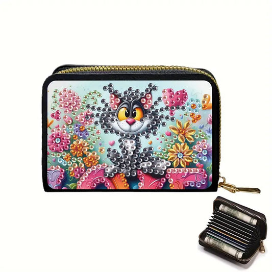 Colorful wallet with silly cat design on a white background