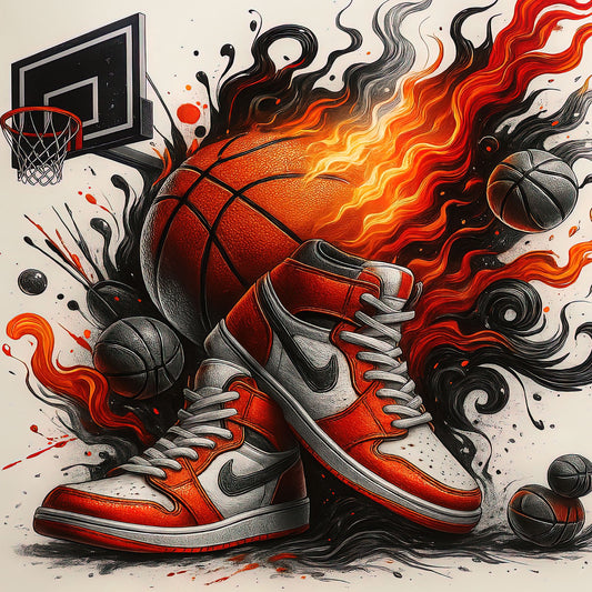 Basketball and red high-top sneakers with flames and basketball hoop in the background