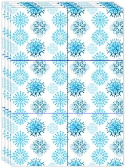 Packaging of blue snowflake-patterned papers on a white background