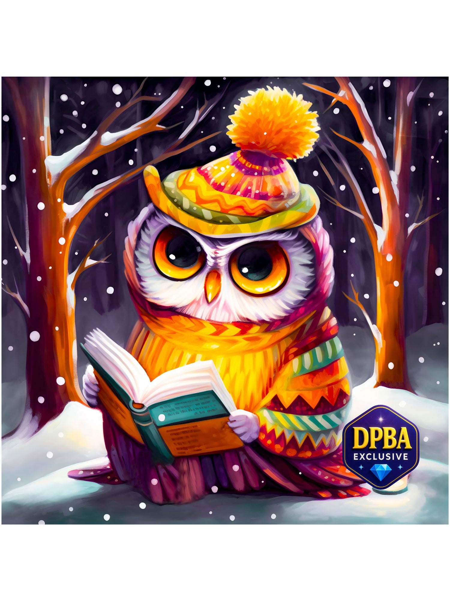 Cute winter owl diamond painting wearing a colorful hat and sweater while reading in a snowy forest, DPBA exclusive
