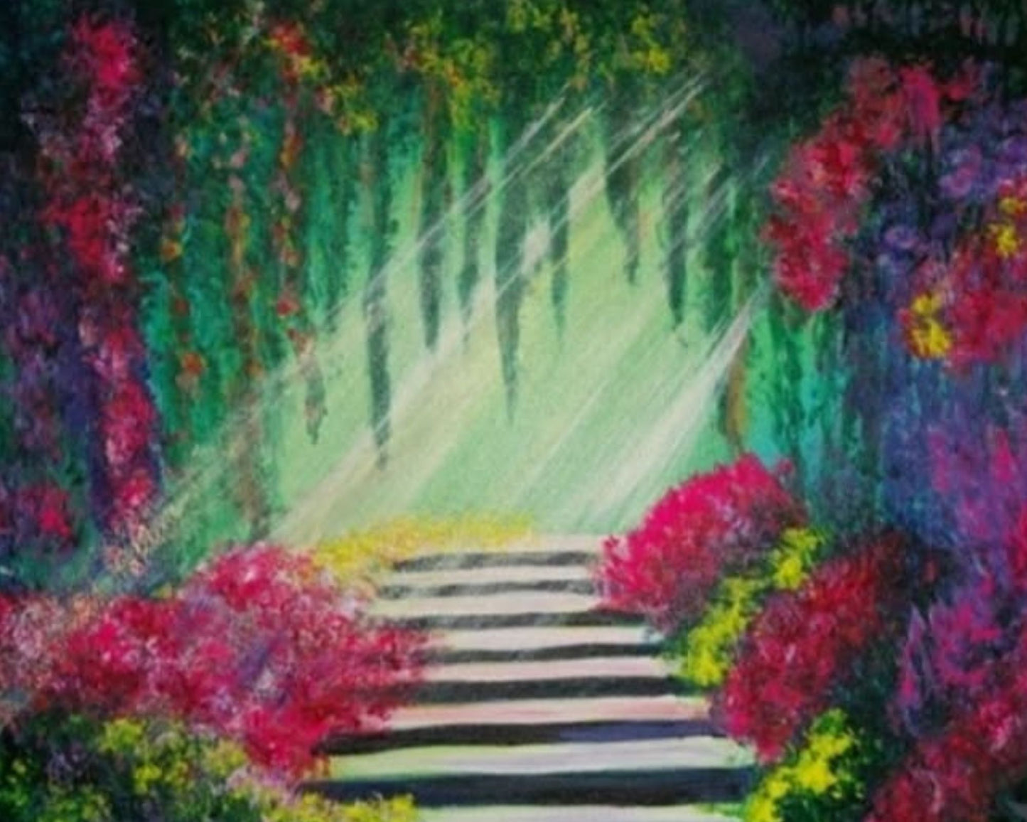 Colorful painting of a garden path with flowers on either side