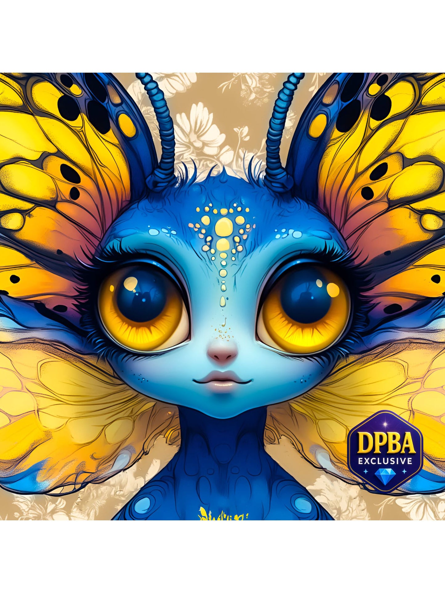 Blue fantasy creature with large yellow eyes and butterfly wings, featured in DPBA exclusive diamond painting kit