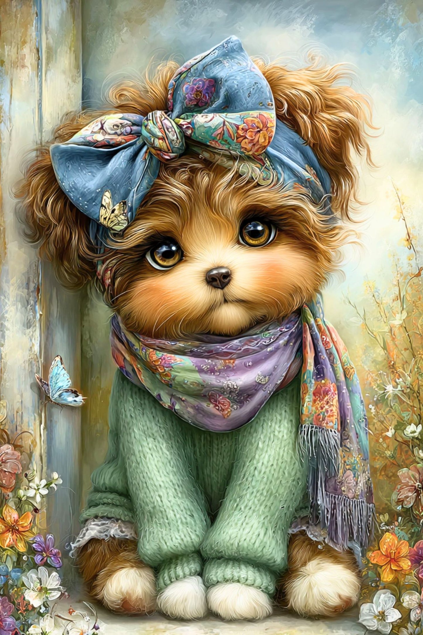 Illustration of a puppy with a bow and scarf, surrounded by flowers and butterflies.