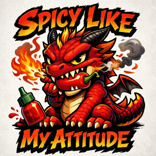 Red dragon holding a chili pepper with text 'Spicy Like My Attitude' on a white background