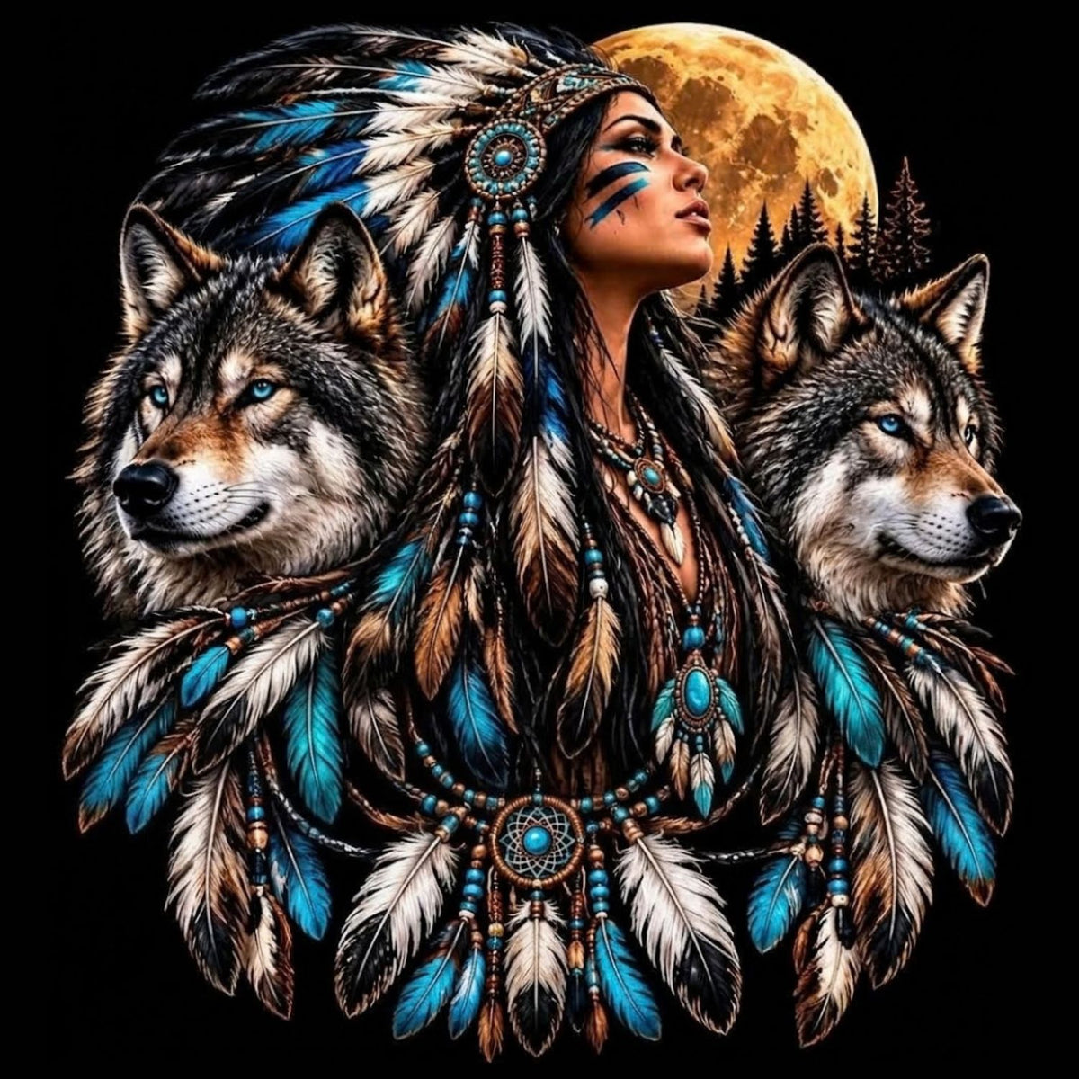  A 50x50cm square diamond painting featuring a maiden in a turquoise-and-feather headdress flanked by two blue-eyed wolves under a glowing full moon.