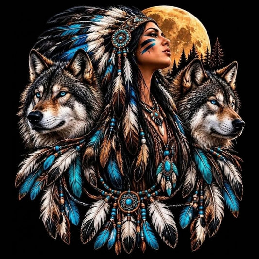  A 50x50cm square diamond painting featuring a maiden in a turquoise-and-feather headdress flanked by two blue-eyed wolves under a glowing full moon.