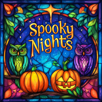 diamond painting design featuring a green owl, a purple owl, and two pumpkins under the words Spooky Nights in a stained-glass style frame.