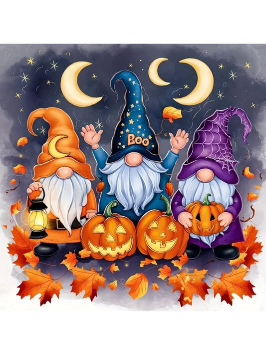 Spooky Sweet Gnomes Diamond Painting Kit. Three cute gnomes with hats, beards, and pumpkins, surrounded by autumn leaves under crescent moons.