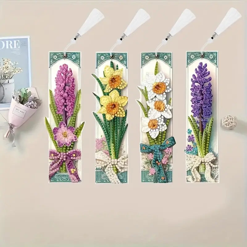 Four floral diamond painting  bookmarks with white tassels