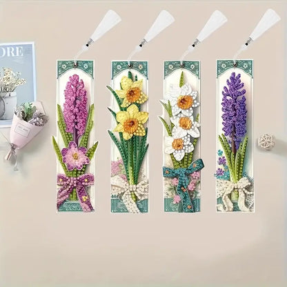 Four floral diamond painting  bookmarks with white tassels